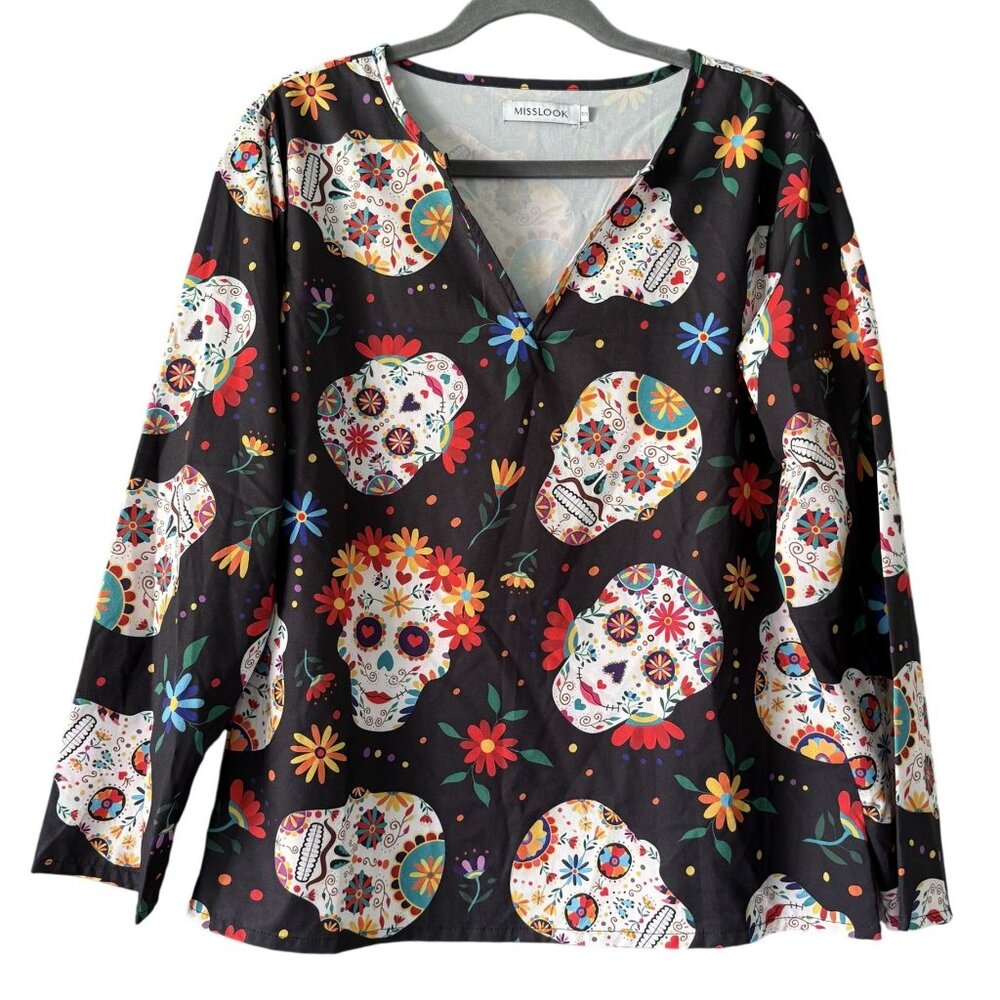Misslook Women's Black Floral Skull Print V-Neck Long Sleeve Blouse Size S GUC